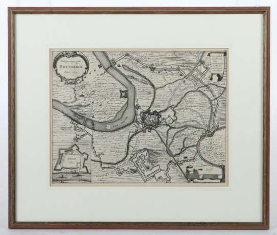 Kupferstecher des 17. Jh. ''Beleegeringe van Rhynberck Anno 1633'', Vogelschauplan mit Karte der Umgebung und Titelkartusche - Foto 2