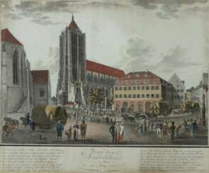 Künstler des 18./19. Jh. ''Feier des Erntefestes in Ulm am 5. Aug. 1817'', Blick auf den Münsterplatz mit geschmückten Erntewägen