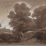 Maler des 19. Jh. ''Schäferpaar'' mit der Herde in idyllischer Landschaft mit Bäumen und Architektur, unsign. - photo 1
