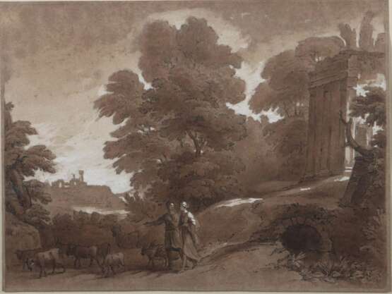 Maler des 19. Jh. ''Schäferpaar'' mit der Herde in idyllischer Landschaft mit Bäumen und Architektur, unsign. - фото 1