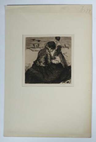 Grafiker des 19./20. Jh. ''Zwei Damen in der Landschaft ruhend'', unten rechts mit Bleistift undeutl. sign. - photo 4