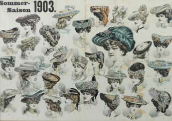 Grafiker Anfang des 20. Jh. ''Sommer-Saison 1903'', vielfigurige Portraitansicht mit der Hutmode der Saison