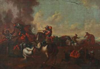 Schlachtenmaler des 18./19. Jh. ''Reiterscharmützel'', vielfiguriges Kampfgetümmel auf einem Schlachtfeld