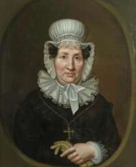 Maler des 18./19. Jh. ''Portrait einer Dame'', en face-Brustbildnis einer Frau in schwarzem Kleid mit Spitzkragen und weißer Haube