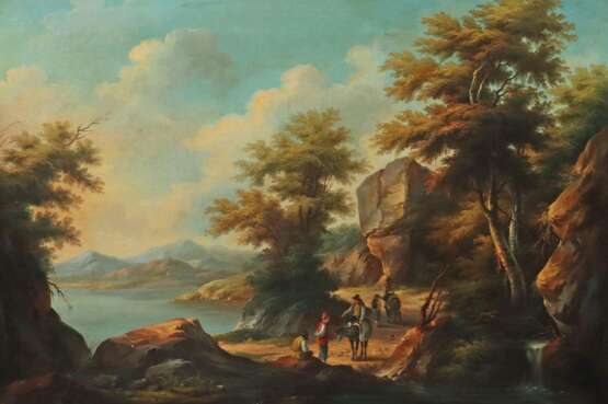 Maler des 19. Jh. ''Ideallandschaft'', Darstellung mit Bergen und einem See - Foto 1