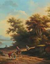 Maler des 19. Jh. ''Ideallandschaft'', Darstellung mit Bäumen und Blick auf den See