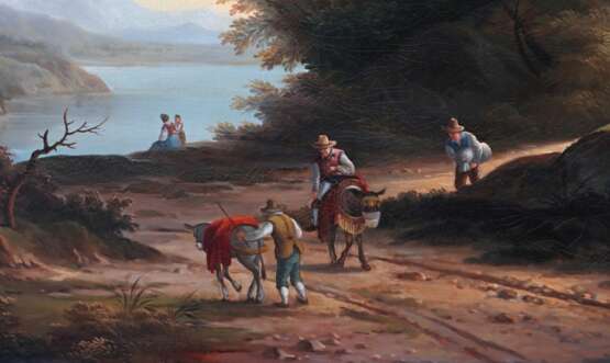 Maler des 19. Jh. ''Ideallandschaft'', Darstellung mit Bäumen und Blick auf den See - Foto 3