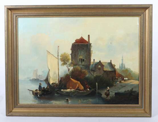 Niederländischer Maler des 19. Jh. ''Holländische Landschaft'', Uferpartie mit Booten in herbstlicher Atmosphäre - Foto 2