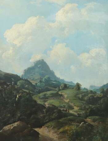 Landschaftsmaler des 19. Jh. ''Bewaldete Landschaft mit Blick auf einen Berg'', im Vordergrund Figurenstaffage auf einem hügeligen Feldweg - фото 1