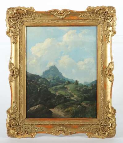 Landschaftsmaler des 19. Jh. ''Bewaldete Landschaft mit Blick auf einen Berg'', im Vordergrund Figurenstaffage auf einem hügeligen Feldweg - фото 2