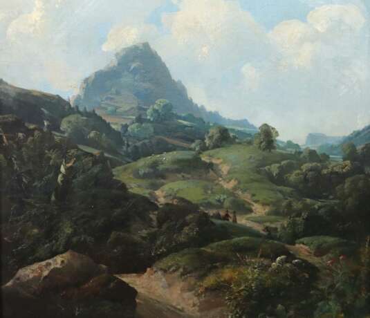 Landschaftsmaler des 19. Jh. ''Bewaldete Landschaft mit Blick auf einen Berg'', im Vordergrund Figurenstaffage auf einem hügeligen Feldweg - Foto 3
