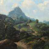 Landschaftsmaler des 19. Jh. ''Bewaldete Landschaft mit Blick auf einen Berg'', im Vordergrund Figurenstaffage auf einem hügeligen Feldweg - photo 3