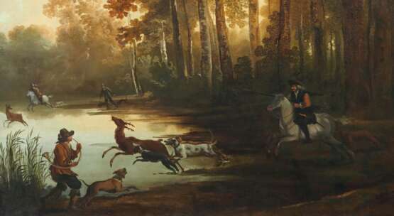 Maler des 19. Jh. ''Auf der Jagd'', Szene am herbstlichem Waldrand - Foto 3