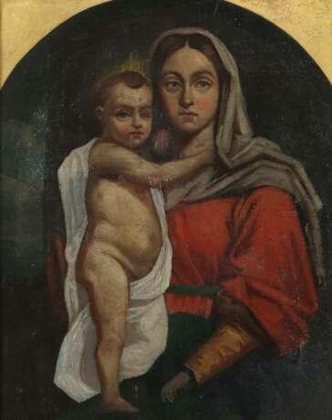 Maler des 19. Jh. ''Madonna mit Kind'', Frontaldarstellung der Maria mit dem Jesusknaben zu ihrer Rechten - photo 1