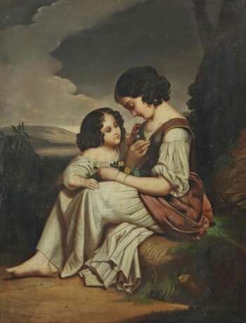 Maler/Kopist des 19./20. Jh. ''Die Lieblingsblume'', Mutter und Tochter vor Landschaftskulisse unter Baum sitzend - Foto 1