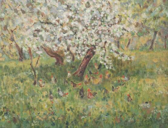 Maler des 19./20. Jh. ''Hühner im Obstgarten'', impressionistische Darstellung im Frühling - photo 1