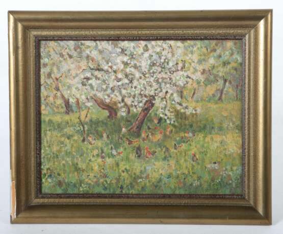 Maler des 19./20. Jh. ''Hühner im Obstgarten'', impressionistische Darstellung im Frühling - photo 2