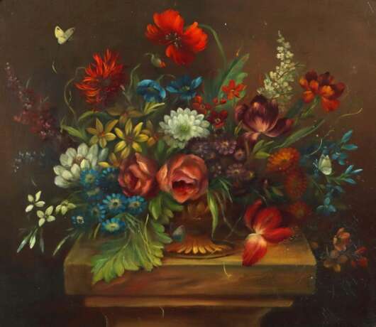 Maler des 19./20. Jh. ''Blumenstillleben'', Sommerblumen in einer Vase arrangiert - Foto 1