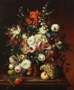 Hans Graß. Graß, Hans 1934 - 2014. ''Blumenstillleben'' mit variierenden Blumen in Vase arrangiert und daneben drapiertes Obst