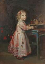 Maler des 20. Jh. ''Das Spielzeug'', Bildnis eines Mädchens in rosafarbenem Kleid an einer Spieluhr drehend