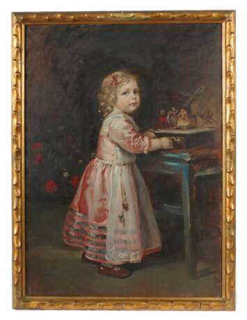 Maler des 20. Jh. ''Das Spielzeug'', Bildnis eines Mädchens in rosafarbenem Kleid an einer Spieluhr drehend - Foto 2