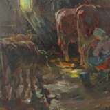 Maler des 20. Jh. wohl Ungarn, ''Bäuerin im Stall'' Kühe melkend - photo 1