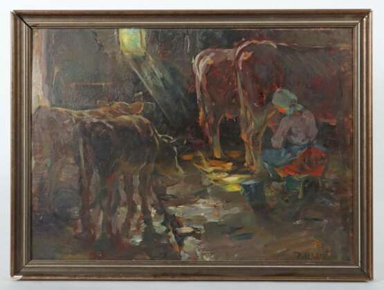 Maler des 20. Jh. wohl Ungarn, ''Bäuerin im Stall'' Kühe melkend - Foto 2