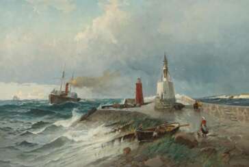 Maler des 19./20. Jh. ''Leuchtturm mit Mole'', Küstenpartie mit einem Dampfschiff auf aufgewühlter See und Figurenstaffage