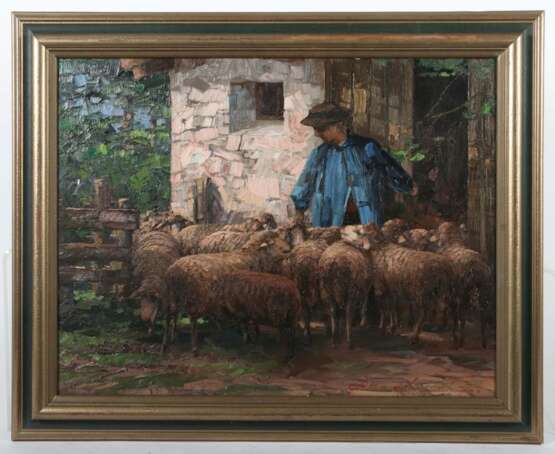 Maler des 20. Jh. ''Schäfer mit Herde vor dem Stall'', stilisierte Darstellung - photo 2
