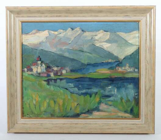Maler des 20. Jh. ''Bergsee mit Dorf'', expressionistische Darstellung der alpinen Landschaft - Foto 2