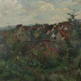 Monogrammist des 20. Jh. ''Degerloch'', Blick aus einem Garten aus auf die Hausdächer und einen Kirchturm - фото 1