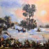 “Fog and horses” Canvas Oil paint Impressionist Landscape painting 2017 - photo 1