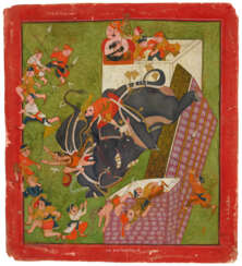 A PAINTING OF RAO RAJA BISHEN SINGH WATCHING AN ELEPHANT FIGHT