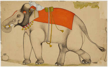 A PAINTING OF A CHAINED ELEPHANT