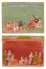 TWO ILLUSTRATIONS FROM A MAHABHARATA SERIES: KRISHNA ADMONISHING A THREATENING PRINCE AND A KING RECIEVING THREE KINGS AT COURT