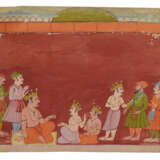 TWO ILLUSTRATIONS FROM A MAHABHARATA SERIES: KRISHNA ADMONISHING A THREATENING PRINCE AND A KING RECIEVING THREE KINGS AT COURT - photo 3