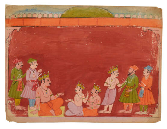 TWO ILLUSTRATIONS FROM A MAHABHARATA SERIES: KRISHNA ADMONISHING A THREATENING PRINCE AND A KING RECIEVING THREE KINGS AT COURT - фото 3