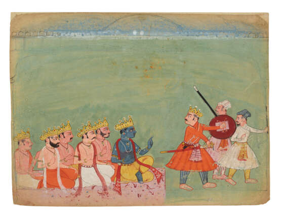 TWO ILLUSTRATIONS FROM A MAHABHARATA SERIES: KRISHNA ADMONISHING A THREATENING PRINCE AND A KING RECIEVING THREE KINGS AT COURT - photo 5