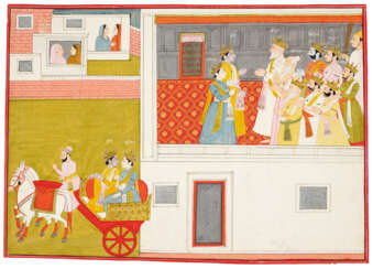 AN ILLUSTRATION FROM A MAHABHARATA SERIES: KRISHNA AND BALARAMA MEET THE PANDAVA BROTHERS