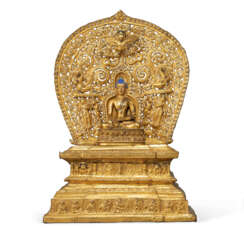 A GILT-BRONZE REPOUSS&#201; THRONE AND AUREOLE WITH A GILT-BRONZE FIGURE OF BUDDHA