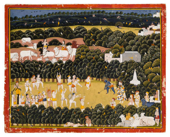 A PAINTING OF KRISHNA PLAYING IN A GLADE WITH GOPAS - Foto 3