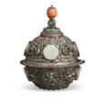 A JADE, CORAL AND HARDSTONE INLAID SILVER BUTTER LAMP AND COVER - Auction prices