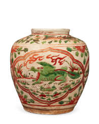 A LARGE GREEN-GLAZED AND IRON-RED-DECORATED `BUDDHIST LION' JAR