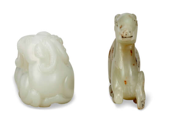 A WHITE JADE CARVING OF A RAM AND A GREENISH-BEIGE JADE CARVING OF A GOAT - photo 2