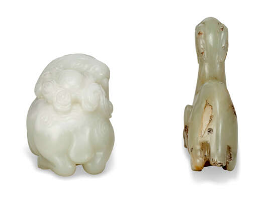 A WHITE JADE CARVING OF A RAM AND A GREENISH-BEIGE JADE CARVING OF A GOAT - photo 3