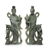 A PAIR OF JADEITE FIGURES OF FEMALE IMMORTALS - photo 1