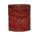 A CARVED RED LACQUER BRUSH POT - photo 1