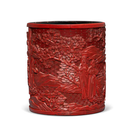 A CARVED RED LACQUER BRUSH POT - Foto 3