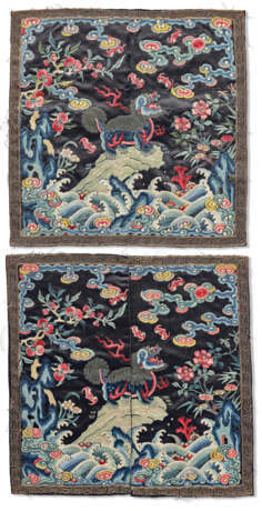 A PAIR OF EMBROIDERED MIDNIGHT-BLUE SILK MILITARY OFFICIAL’S RANK BADGES OF LIONS, BUZI - photo 1