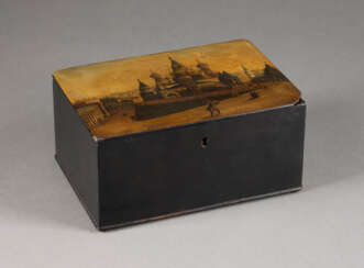 A PAPIERMACHÉ AND LACQUER BOX WITH AN ARCHITECTURAL VIEW